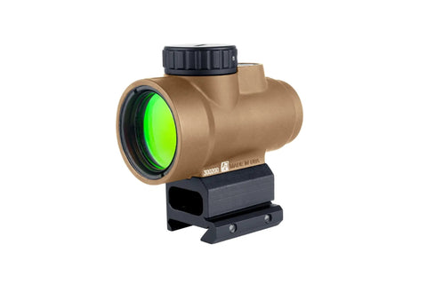 MRO SD 1x25 Green Dot Sight With Adjustable LED 2.0 MOA Green Dot Coyote Brown Anodized Full Co Witness Mount side view
