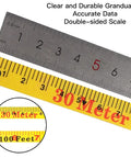 Close-up of Open Reel Fiberglass Tape Measure 165 Feet Built Tough With Inch Metric Scale showing dual-sided metric and inch markings.