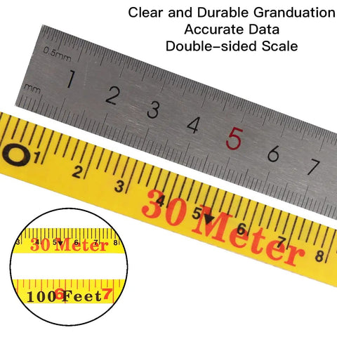 Close-up of Open Reel Fiberglass Tape Measure 165 Feet Built Tough With Inch Metric Scale showing dual-sided metric and inch markings.