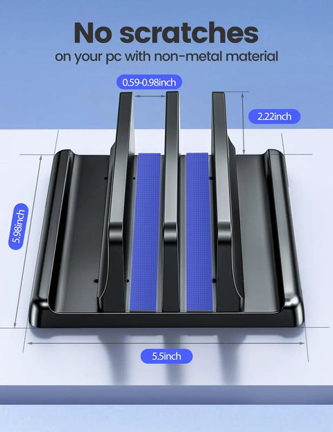 Vertical Laptop Stand For Desk With Dual Slots Space Saving 4 In 1 Design Adjustable Width Laptop Organizer front view