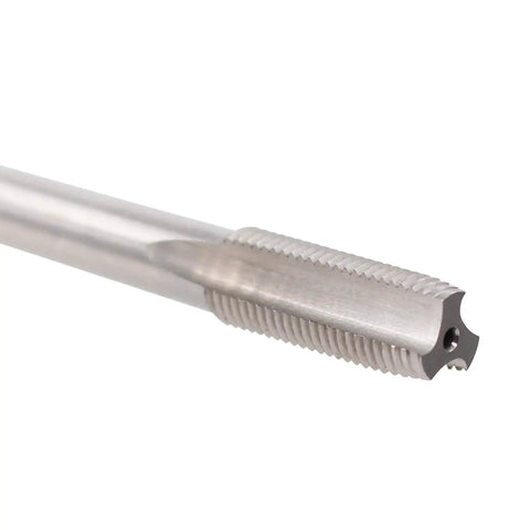 Close-up of a left hand thread tap from the Left Hand Thread Tap And Die Set 3/8 24 UNF in high speed steel for thread repair.