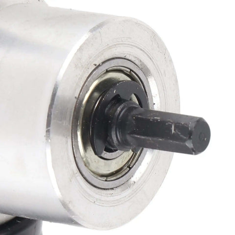Close-up of drill-compatible metal shaft on Pro Grade Double Head Metal Nibbler Cutter for sheet metal and aluminum construction.