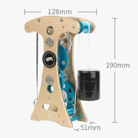DIY Metal Pendulum Wall Clock Kit With Gear Train And Pendulum, 3D Puzzle Mechanical Model, showing dimensions and gear detail