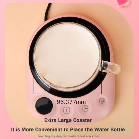 Always Keep Your Daily Grind Nice And Toasty With This Electric Coffee Mug Warmer Featuring Five Heat Settings Plus A Sleek Touch Pad Auto Shut Off Keeps Your Office Setup Secure, featuring a top view of a large pink coaster with a cup.