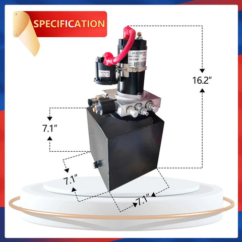 Portable 12V Hydraulic Power Unit For Car Lifts And Dump Trailers, compact design with 0.8 kW output, front view with dimensions