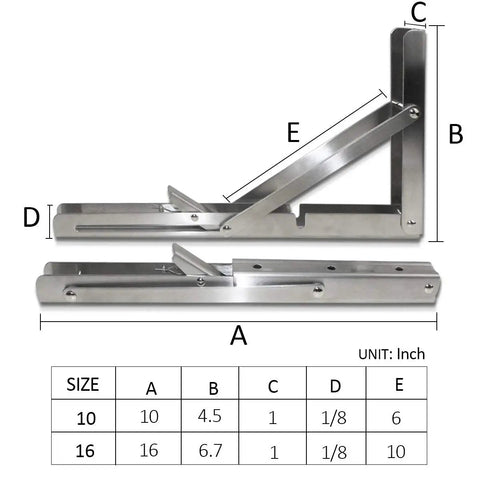 16 Inch Folding Shelf Brackets Built Tough Heavy Duty Stainless Steel Collapsible Shelving dimensions for benches and tables.