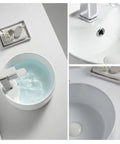 Straight Fire 15.7 Inch Diameter Round Ceramic Bathroom Vessel Sink With Integrated Faucet For Above Counter Installation And Quick Room Glow Up In Crisp White Finish, overhead view with water.