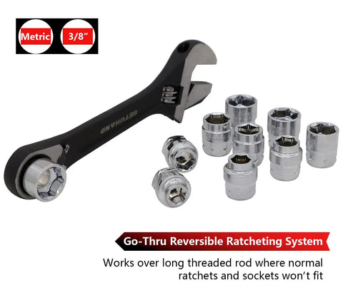 Go-Through 11Pc Mechanic Socket Set With 3/8 Inch Ratchet, 6 Point Sockets, And 3 In 1 Black Oxide Adjustable Wrench displayed