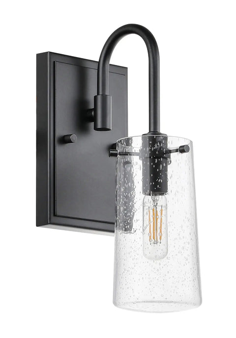 Close-up of single matte black fixture with seeded glass shade from Three Light Vanity Light Fixture In Matte Black With Seeded Glass Shades For Bathroom, Industrial Retro Wall Mount Over Mirror, Hardwired Three Bulb Vanity Fixture For Dope Warm Glow And Soft Illumination