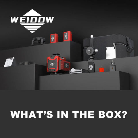 Pro Grade Laser Level With 16 Lines, 4x360 Self Leveling Tool displayed with accessories and case, WEIDOW branding