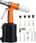 Pneumatic Rivet Gun With 500 Rivets And 5 Nosepieces, Pro Grade Air Driven Riveter Tool, shown with included tools and accessories.