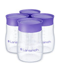 Soft Anti Colic Nipples For Everyday Bottle Feedings Paired With 5 Oz Breastmilk Storage Bottles In A Four Pack, clear with purple lids.