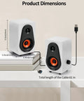 Product dimensions of White USB Powered Computer Speakers With Built In Audio Output For Crisp Digital Sound, wooden finish.