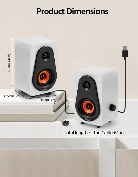 Product dimensions of White USB Powered Computer Speakers With Built In Audio Output For Crisp Digital Sound, wooden finish.