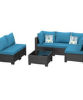 Chill 7 Piece Outdoor Patio Sectional Wicker Set With Waterproof Cushions, Garden Porch Balcony Backyard Conversation Couch, Beige And Peacock Blue against neutral backdrop