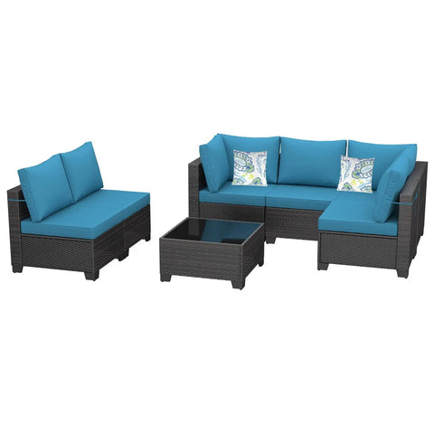 Chill 7 Piece Outdoor Patio Sectional Wicker Set With Waterproof Cushions, Garden Porch Balcony Backyard Conversation Couch, Beige And Peacock Blue against neutral backdrop