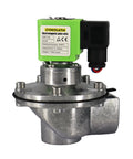 Front view of G1 inch diaphragm air control pulse valve with DC24V solenoid on a green actuator and metal flange body.