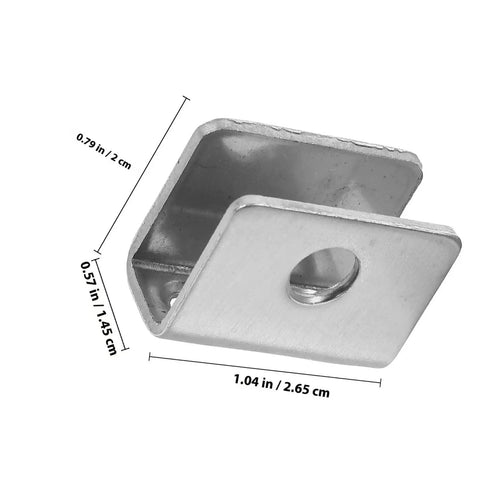 Heavy Duty Glass Shelf Clips Set For Shower Doors Mirrors Closets And Floating Shelves Stainless Steel Retainer Clips Tough As Nails Zinc Alloy Construction Easy Install Keeps Glass Secure And Protected, dimensions displayed