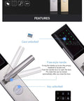 Smart Electronic Door Lock With App Control And Digital Keypad Keyless Entry Password Home Security System showing features, silver and gold finishes.