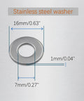 Premium 1/4-20 Lock Nuts And Flat Washers Set With 100 Pack, 16mm stainless steel washer with dimensions labeled.