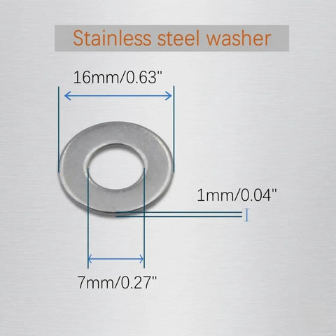 Premium 1/4-20 Lock Nuts And Flat Washers Set With 100 Pack, 16mm stainless steel washer with dimensions labeled.