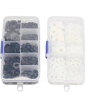 250 Piece All In One Nylon Flat Washer Set M2 Through M8 Black And White Hard Nylon Insulation Spacers Sealing Washers Ring Kit For Electronics DIY Projects Automotive And Heavy Duty Use in compartment box