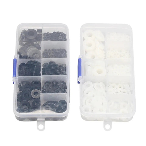 250 Piece All In One Nylon Flat Washer Set M2 Through M8 Black And White Hard Nylon Insulation Spacers Sealing Washers Ring Kit For Electronics DIY Projects Automotive And Heavy Duty Use in compartment box