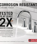 Esato Widespread Bathroom Faucet Chrome Finish With Drain Assembly Included Three Hole Deck Mount Sink Faucet Durable Brass Construction Modern Look Lifetime Limited Warranty in bathroom display highlighting corrosion resistance.