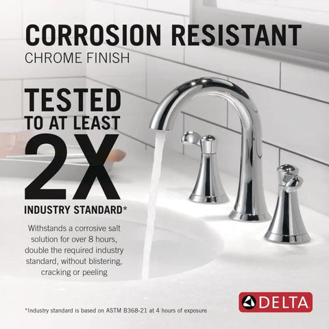 Esato Widespread Bathroom Faucet Chrome Finish With Drain Assembly Included Three Hole Deck Mount Sink Faucet Durable Brass Construction Modern Look Lifetime Limited Warranty in bathroom display highlighting corrosion resistance.