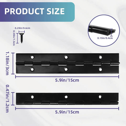 Premium Bulletproof Offset Piano Hinges Black 4 Pack Stainless Steel Continuous Cabinet Hardware With 25 Screws size dimensions 5.9in x 1.18in.
