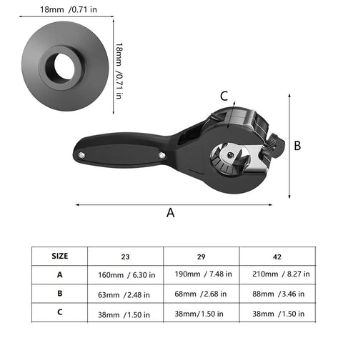 Ratcheting Tubing Cutter Tool for Single Hand Operation showing dimensions and cutting blade, alloy steel construction.