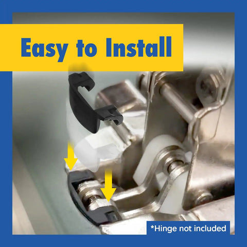Close-up of cabinet hinge with black restrictor clip installed, labeled 'Easy to Install' for 86° angle limit; hinge not included.