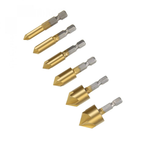 Countersink Drill Bit Set 6mm 8mm 9mm 12mm 16mm 19mm With One Quarter Inch Hex Shank 90 Degree 5 Flute Titanium HSS Chamfer Tool