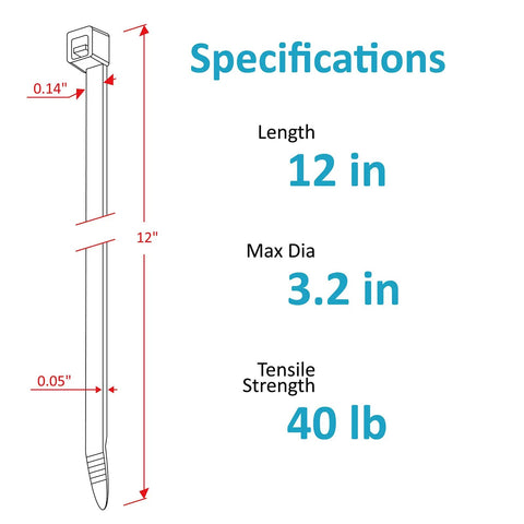 12 Inch Black Zip Ties 100 Pack 40 Lb Tensile Strength Self Locking Cable Ties For Indoor And Outdoor Use UV Frost Resistant Weatherproof Wire Ties For DIY Projects And Home Fixes. specifications diagram showing 12 in length, 0.14 in width, and 40 lb tensile strength