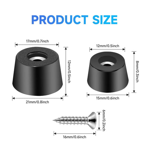128 Piece Rubber Feet Set For Cutting Boards, Furniture, And Electronics With 304 Stainless Screws, size dimensions of small and large feet