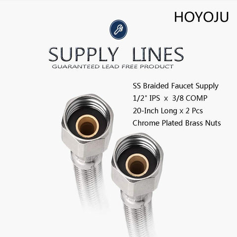 Two 20-inch stainless braided faucet supply hoses with chrome-plated brass nuts and 1/2 IPS to 3/8 compression fittings