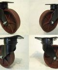 Heavy Duty Eight Inch Kingpinless Ductile Steel Swivel Caster Set Of Four With Zerk Grease Points And Precision Rollers, view from multiple angles.