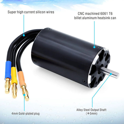 Beefy Torque 3660 Brushless RC Boat Motor, 2150 KV, 4 Pole, 5mm Shaft, Water Cooling Jacket with wires and plugs visible