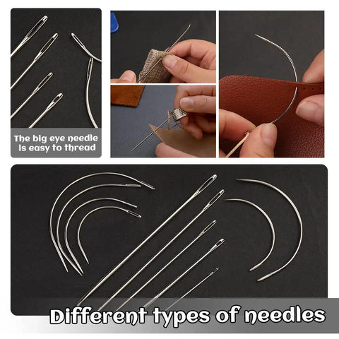 Assorted needles for Heavy Duty Upholstery Repair Kit With Leather Sewing Set, Waxed Thread, Awl for DIY mending projects.