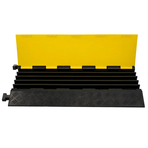 Open view of Beefy 5 Channel Cable Ramp Protector For Driveway And Outdoor Use showing 5 channels with yellow cover and black base.