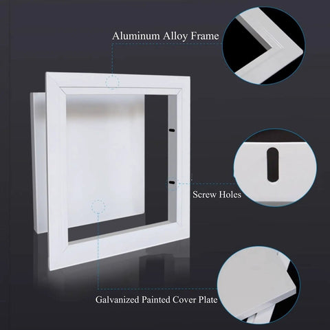 Super Slick Ceiling Access Panel For Drywall With Heavy Duty Aluminum Frame And Paint Ready White No Hassle Recessed Hatch Cover, showing details.