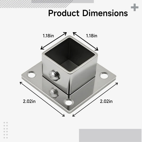 Beefy Heavy Duty Stainless Square Tube Flange Seats Approximately One Inch 25 mm Post Brackets with screws, dimensions shown