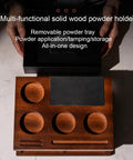 Heavy Hitter Double Tier Solid Wood Espresso Tamping Station With Combo Knock Box Premium Handcrafted Coffee Bar Organizer Kit For Serious Daily Grinds And Sweet Setups, multi-functional solid wood powder holder.