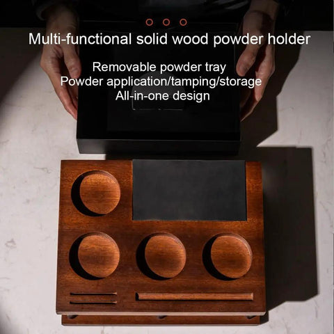 Heavy Hitter Double Tier Solid Wood Espresso Tamping Station With Combo Knock Box Premium Handcrafted Coffee Bar Organizer Kit For Serious Daily Grinds And Sweet Setups, multi-functional solid wood powder holder.