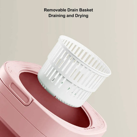 No Sweat Foldable Mini Washing Machine with removable drain basket for easy draining and drying of laundry.