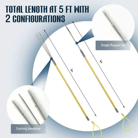 Fiberglass 5-Foot Pole Spear With 3 Prong Hand Spear Tip showing single flopper and 3 prong configurations for different uses