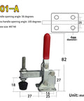 Vertical Quick-Release Toggle Clamp Workhorse For Woodworking And Mechanical Assembly, model 101-A, dimensions and diagram