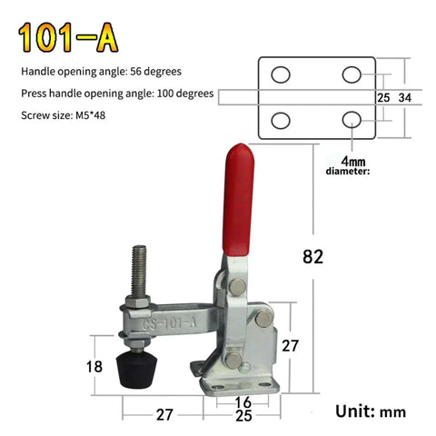 Vertical Quick-Release Toggle Clamp Workhorse For Woodworking And Mechanical Assembly, model 101-A, dimensions and diagram