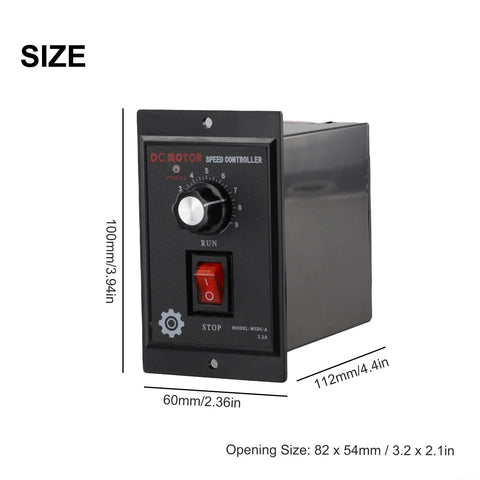 Workhorse 500W DC Motor Speed Controller With Forward And Reverse Regulation, adjustable panel mount, black metal casing with measurements.
