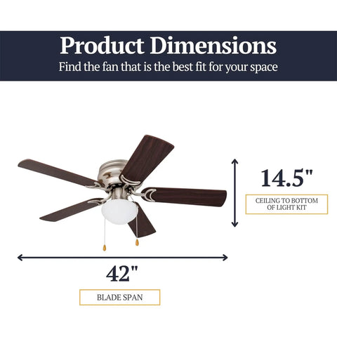 Dimensions of 42 Inch Traditional Flush Mount Ceiling Fan With Light, Reversible Motor, Pull Chain, Dual Finish Blades in Brushed Nickel